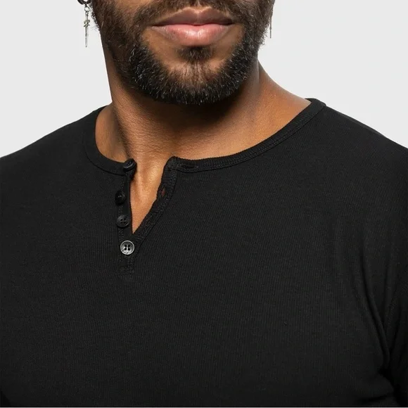 AHA Selected Men's Black Henley Ribbed Shirt - Picture 2 of 3